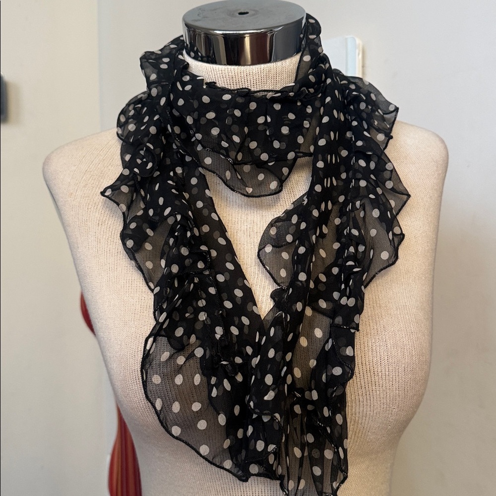 Sheer Ruffle Edge Polka Dot Neck Tue Scarf 51” Long